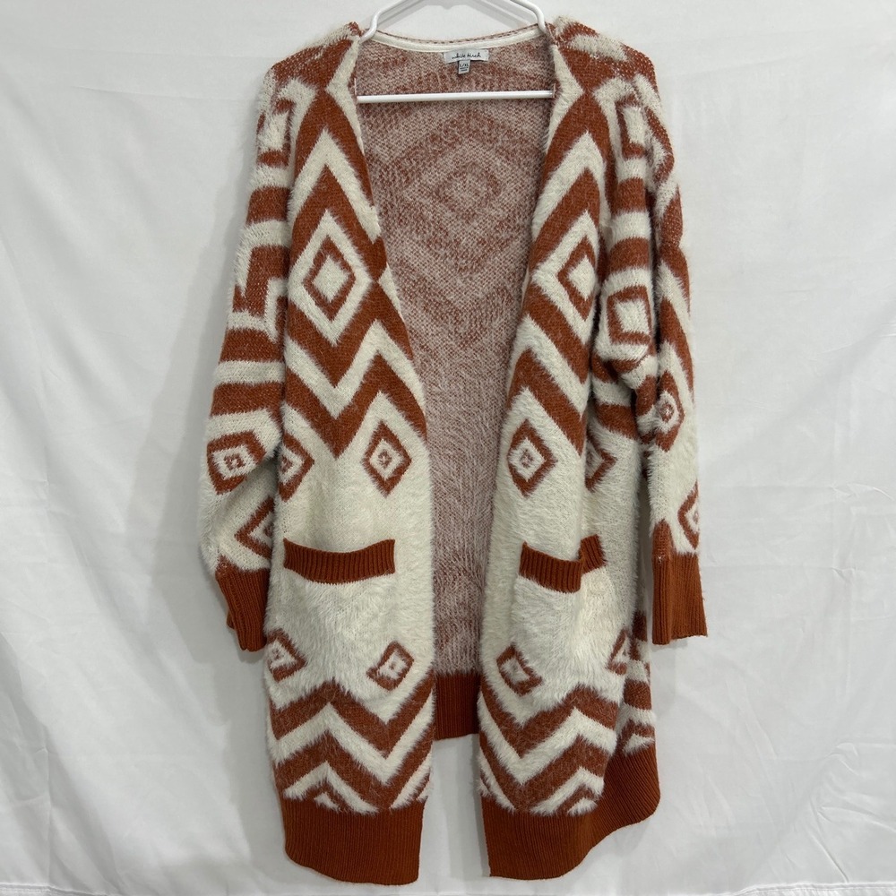 White Birch Women L/XL Rust Eyelash Knit Geometric Longline Cardigan Sweater